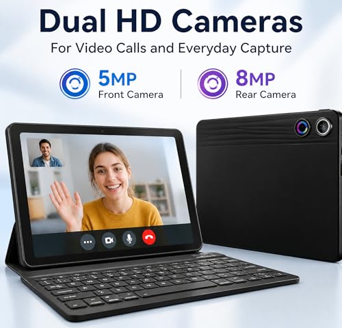 Jeazans Android 16 Tablet 10.1 Inch, 2-in-1 Tablet Bundle with Keyboard, Wireless Mouse, Stylus, Leather Case, Dual Camera, 64GB Storage+1TB Expansion, Portable Laptop for Students & Business