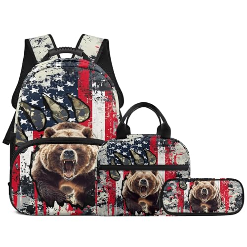 USA Flag Bear 3 in 1 School Backpack, 3PCS Kids Bookbag Set Large Capacity 17 Inch Student Backpack with Lunch Box and Pencil Case - color: Usa Flag Bear