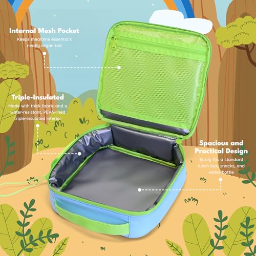 Elemental Insulated Lunch Bag for Kids, with Water Bottle Pocket & Charm Band, Fits Lunch Box, Lunch Bag for School to Keeps Food at Optimal Temperature, 3L - Dinosaur - color: Green