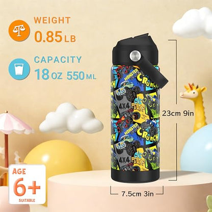 Boys Monster Truck Power Water Bottle for School，Kids 18 oz Insulated Stainless Steel Cup with Straw, Double-Wall Vacuum Leakproof - color: C10.Monster Truck-Power