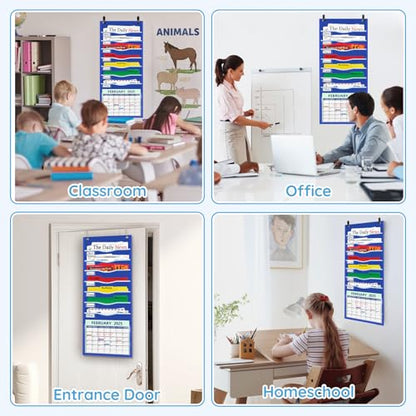 ALSLEA 15" Extra Wide Hanging File Organizer with 8 Pockets - Heavy Duty Classroom Pocket Chart, Wall Mounted Document Organizer with Writable Clear Pocket, 5 Wall/ Door Hooks & 12 Labels (Blue) - size: 8 Pockets Blue