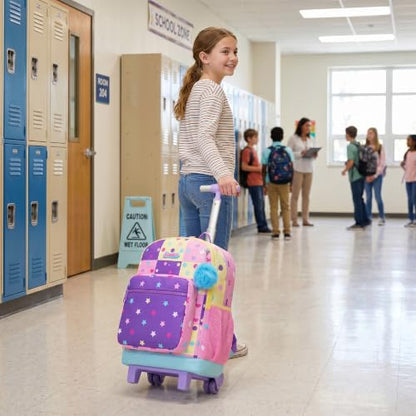 Girls Rolling Backpack with Lunch Box School Backpacks with Wheels 16.5" Roller Backpack for Girls, 3pcs Kids Wheeled Bookbag for Elementary School - color: Duosewujiaoxing