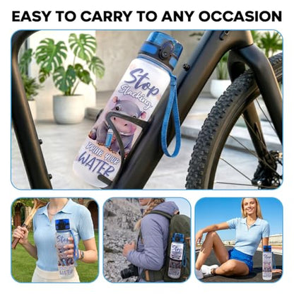 Cute Hippo Hydration Water Bottle 32oz, Stop Slacking Drink Your Water Motivational Bottle, Funny Hippopotamus Animal Gift for Women, Hippo Lover Gifts - color: Hippo