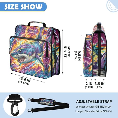 Fire and Lightnbing Shark 3 Ring Zipper Binder Bag with Laptop Pockets and Shoulder Strap Tote Binders Organizer Case for School Office - color: Lightnbing Shark