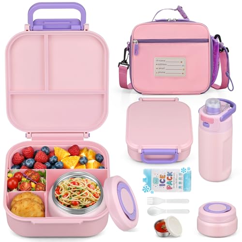 Itslife Bento Box for Kids Set, Insulated Food Container,Kids Lunch Box, 7 oz Thermos for Hot Food, 12 oz Thermos Water Bottle, Reusable Insulated Ice Bag & Fork Spoon Utensils Camping Travel Pink - color: Pink