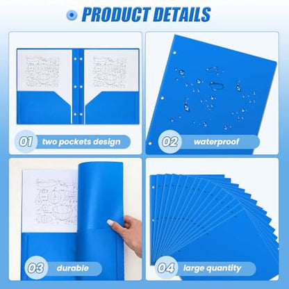 Yeaqee 72 Pcs Plastic Folders with Pockets Bulk 3 Hole Punched 2 Pocket File Folders for 3 Ring Binder Divider Folder for Notebooks, Durable Poly for Office Home (Blue) - color: Blue