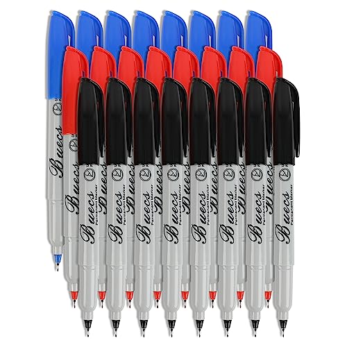 Buecs Permanent Markers, 24 Count Ultra Fine Point Permanent Markers, 3 colors, Works on paper, Plastic, Stone, Glass, Metal