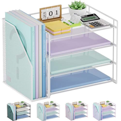 Marbrasse Desk Organizer and Accessories，4-Tier Paper Letter Tray Organizer with File Holder，Desk Accessories & Workspace Desktop Organizers for School Home Office Supplies (White) - color: White