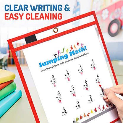 Dry Erase Pockets 30 Pack - 10 x 13 Reusable Dry Erase Pocket Sleeves for Work & School Worksheets - Heavy Duty Clear Pocket Sleeves - Quickly Wipe to a Flawless Clean (Multicolor)
