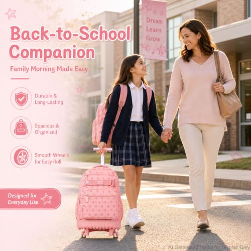 HPJGD 3PCS Rolling Backpack for Girls, Pink Star Roller School Backpacks with Wheels, Water-Resistant Wheeled Bookbag Set - color: Pink Star Rolling Backpack Set