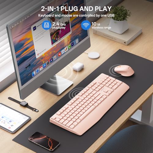 PHILIPS Wireless Keyboard and Mouse Combo-Ergonomic Keyboard and Mouse Wireless Combo with Silent Design,Plug n' Play,Sleep Mode and 2.4GHz Keyboard for Mac, Windows, Laptop-Pink - color: Pink