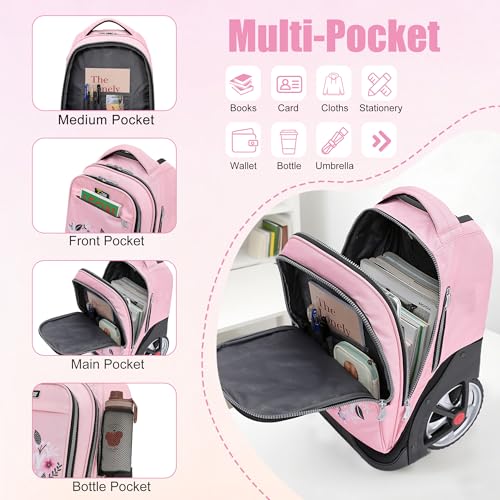 NEW TILAMI 19 inch Rolling Backpack Teens Rolling Backpack Cute Wheeled Laptop Backpack Bookbag Roller Travel Bag College, Flower Pink - color: Pink Flower