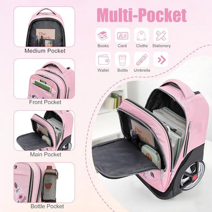 NEW TILAMI 19 inch Rolling Backpack Teens Rolling Backpack Cute Wheeled Laptop Backpack Bookbag Roller Travel Bag College, Flower Pink - color: Pink Flower