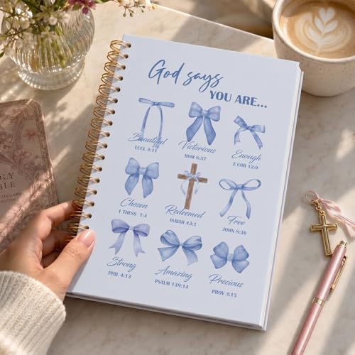 VONTP Bible Blue Bow Christian Notebook Journal for Women, 5.5 x 8.3 Inch | Christian Girl Energy Journal, Christian Study Notebook, Cute Preppy Bible Study Spiral Notebook for Bible Notes - color: 001-Blue