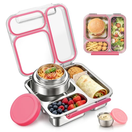 Pawtong Stainless Steel Bento Box Kids Adult with 7oz Insulated Food Jar, Transparent Lid Metal Lunch Box With Soup Thermal Jar, Lunch Box Container with Removable Divider & Sauce Cup School (Pink) - color: Pink