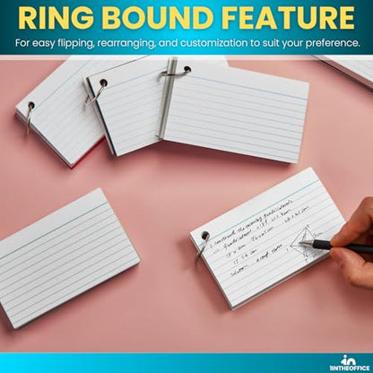 1InTheOffice Index Cards with Ring, Ruled Index Cards with Ring, 3" x5", 100 White Cards/Ring