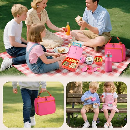 Bento Lunch Box for Kids with Thermo, Leakproof Bento Box with 8oz Insulated Food Jar, Insulated Bottle, Lunch Bag, BPA Free Dishwasher Safe 4 Compartment Container for School Girls Boys (Pink) - color: Pink