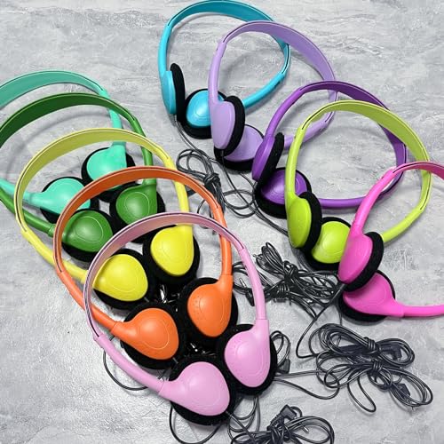20 Pack Headphones for Kids Students School Classroom | Adjustable, 3.5mm Jack, Multi Color, Bulk Earphones for Library Children Adults