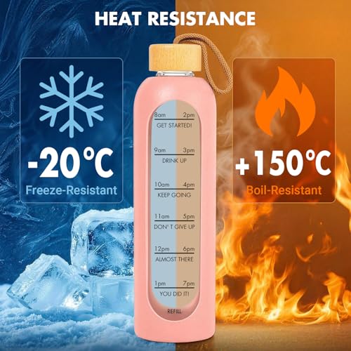 32 OZ Glass Water Bottles, Borosilicate Glass Bottle with Time Marker, 1 Liter Leak Proof Reusable BPA Free Motivational Water Bottles with Silicone Sleeve and Bamboo Lid (Pink) - color: Pink