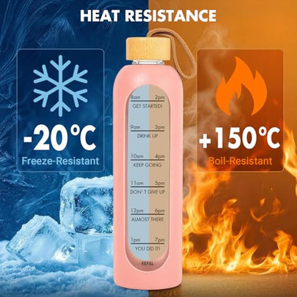 32 OZ Glass Water Bottles, Borosilicate Glass Bottle with Time Marker, 1 Liter Leak Proof Reusable BPA Free Motivational Water Bottles with Silicone Sleeve and Bamboo Lid (Pink) - color: Pink