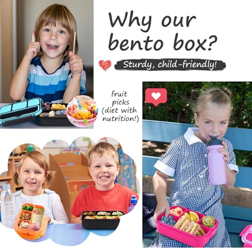 QQKO Bento Box for Kids Adults, School Toddler Lunch Box for Boys Girls, Lunch Box Containers with 4 Compartments, Sauce Container, Utensils, Food Picks and Muffin Cups for School, Black Gray - color: Black Gray