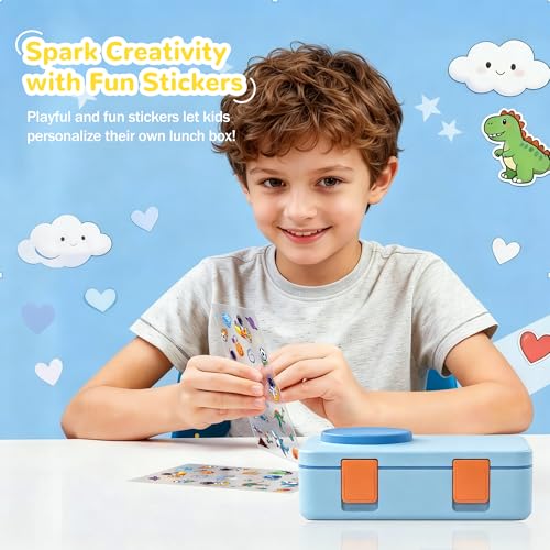 Bento Box for Kids, Leakproof Kids Bento Lunch Box Container with 8oz Insulated Thermo Food Jar, Sauce Jar, Utensil, DIY Stickers for School Boys Girls, 3-4 Compartments, BPA-Free - color: Blue Orange