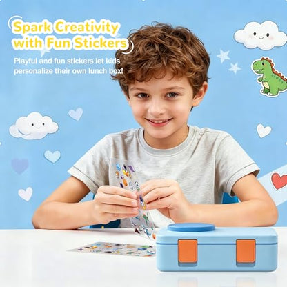 Bento Box for Kids, Leakproof Kids Bento Lunch Box Container with 8oz Insulated Thermo Food Jar, Sauce Jar, Utensil, DIY Stickers for School Boys Girls, 3-4 Compartments, BPA-Free - color: Blue Orange
