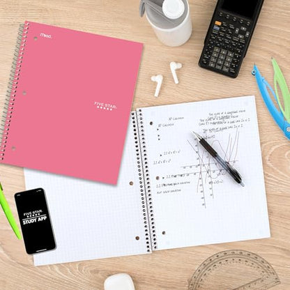Five Star Spiral Notebook + Study App, 1 Subject, Graph Ruled Paper, 8-1/2" x 11", 100 Sheets, Prom Pink (620000R) - color: Prom Pink, size: Pack of 1