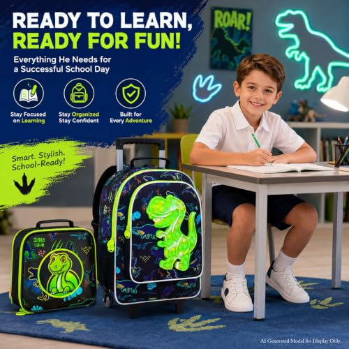 WZLVO 4PCS Dinosaur Rolling Backpack for Boys - Cool Wheeled School Set with Lunch Box,Water Resistant Roller School Backpack on Wheels for Elementary Kids Travel - color: Boys Rolling Backpack - Popular Dinosaur