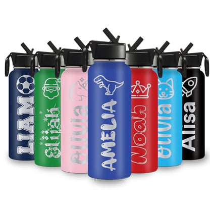 Personalized Water Bottles for Kids, 18 oz Custom Name Insulated Water Bottle With Straw, Stainless Steel Reusable Waterbottle Gifts for School Girls Boys Men Women - Icon Design