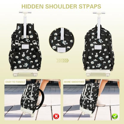 DIGOBAY Rolling Backpack for Girls, Cute Girls Backpack with Wheels, Kids Wheeled backpacks Set with Lunch Bag Pencil Case for Teen Girl, Roller School Bag with Wheels for Elementary Middle School - color: Black Daisy