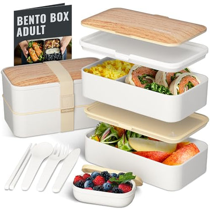 Bentoheaven Bento Box Adult, Stackable Lunch Box, 40 oz, Bright Light | BPA-free, leakproof and microwave-safe with 2 compartments, utensils, chopsticks, divider and sauce cup for men and women. - color: Bright Light