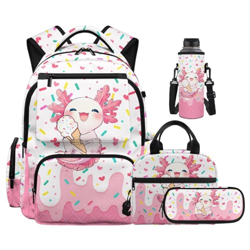 Ice Cream Backpack for Boys Axolotl Backpack for Girls with Lunch Box Kids Daypack with Zipper Pencil Pouch Water Bottle Holder 4PCS Set Bookbag with Front Pocket 17 inch School Accessories - color: Axolotl Ice Cream