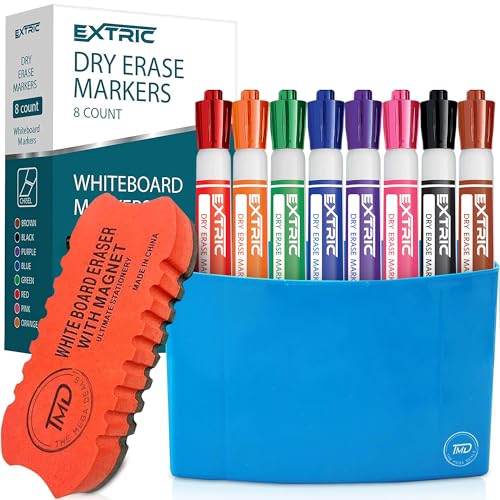 EXTRIC Dry Erase Markers Chisel Tip 8 Whiteboard Marker, Holder, Eraser | Includes: 8 Chisel Tip Whiteboard Markers, 1 Magnetic Holder, Eraser, Features: Low-Odor, Non-Toxic