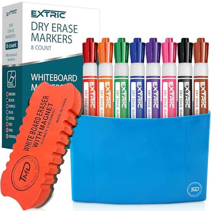 EXTRIC Dry Erase Markers Chisel Tip 8 Whiteboard Marker, Holder, Eraser | Includes: 8 Chisel Tip Whiteboard Markers, 1 Magnetic Holder, Eraser, Features: Low-Odor, Non-Toxic
