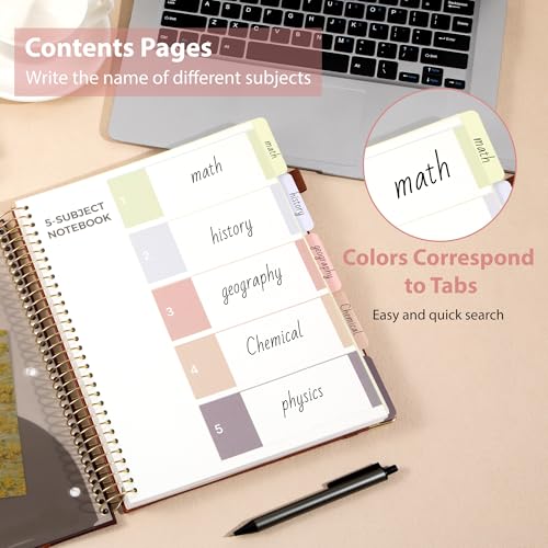 Yoment Hardcover Spiral Notebook 8.5" x 11" Pink 5 Subject Notebook College Ruled with Dividers Tabs 300 Pages Large Leather Spiral Journal Notebooks for Work School Note-Taking Business - color: Pink