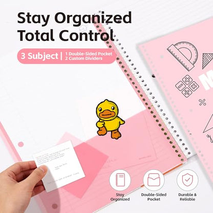 Comix 3 Subject Notebook with 3 Divider, 8.5" x 11" letter size, 150 Sheets College Ruled Notebook with Plastic Cover for Office/School/Home, Pink - color: Pink
