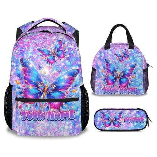 COZYAURA Personalized Butterfly Backpack for Girls with Custom Name - 3-Piece School Bag Set with Insulated Lunch Box & Pencil Case for Kindergarten & Elementary Students - color: Purple