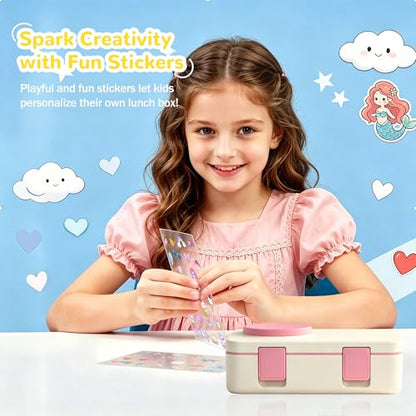 Bento Box for Kids, Leakproof Kids Bento Lunch Box Container with 8oz Insulated Thermo Food Jar, Sauce Jar, Utensil, DIY Stickers for School Boys Girls, 3-4 Compartments, BPA-Free - color: Beige Pink