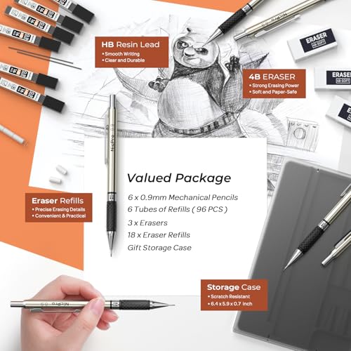 Nicpro 0.9 mm Art Mechanical Pencils Set in Case, 6 PCS Metal Drafting Pencil 0.9mm Lead Pencil with 6 Tube HB Lead Refills, 3 Erasers, 18 PCS Eraser Refills for Artist Writing, Drawing, Sketching - style: 6 Pack (0.9mm)
