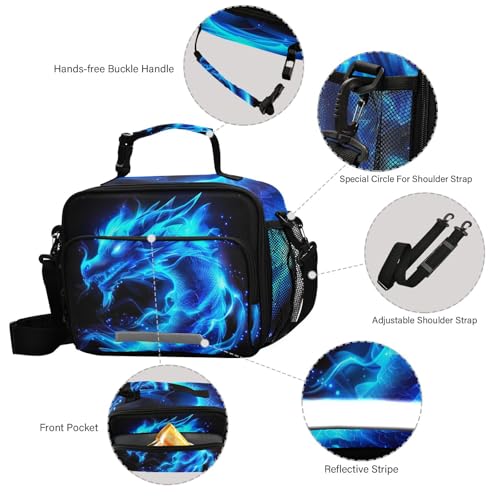 Blue Flame Dragon Kids Lunch Box Insulated Lunch Bags Cooler Tote Bag with Removable Shoulder Strap for Boy Girl Student 20856137 - color: Blue Dragon
