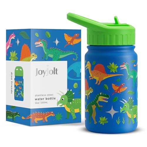 JoyJolt Kids Water Bottle with Straw Lid, 12oz Small Stainless Steel Reusable Tumbler for Kids, Girls, Boys, or Teen, Vacuum Insulated Water Bottle for School, Travel, and Outdoors, Leakproof - color: Dinos