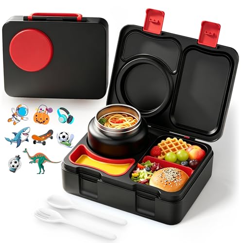 Bento Box for Kids, Leakproof Kids Bento Lunch Box Container with 8oz Insulated Thermo Food Jar, Sauce Jar, Utensil, DIY Stickers for School Boys Girls, 3-4 Compartments, BPA-Free - color: Black Red