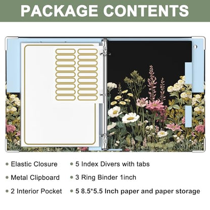 Rouidr Mini 3 Ring Binder with clipboard, 1 inch Round Binder Organizer, 8.5"x5.5" Cute Binder with 5 Dividers Tabs & Clear Sleeves, School Supplies, Office Supplies - color: Dark Flower, size: Mini 1in(8.5 x 5.5 in)