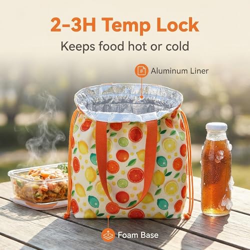 Solid Color & Fruit Print Lunch Bag, Insulated Leakproof Drawstring Pouch with 5mm Anti-Sag Base for Adult Work Commute Picnic (Lemon Fruit Print) - color: Lemon Fruit Print