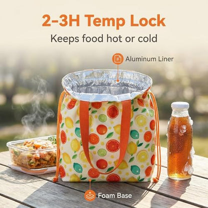 Solid Color & Fruit Print Lunch Bag, Insulated Leakproof Drawstring Pouch with 5mm Anti-Sag Base for Adult Work Commute Picnic (Lemon Fruit Print) - color: Lemon Fruit Print