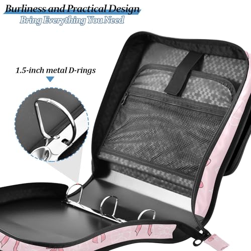 Cute Pink Bow Zipper Binder with Shoulder Strap, 500 Sheets Capacity, Multiple Pockets 1.5Inch 3 Ring Zipper Binder - color: Bow
