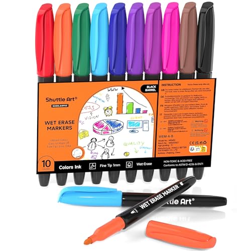 Shuttle Art Wet Erase Markers, 10 Colors 1mm Fine Tip Smudge-Free Markers, Use on Laminated Calendars, Overhead Projectors, Schedules, Whiteboards, Transparencies, Glass, Wipe with Water - color: 10 Colors