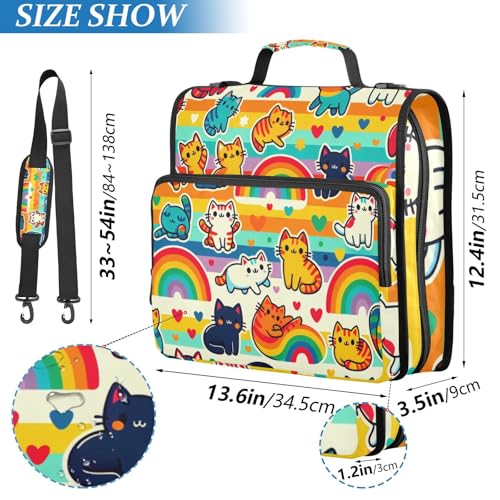 3 Ring Zipper Binder with Shoulder Strap, 600 Sheets Capacity, Cute Rainbow Cats 1.5 Inch Zipper Binder 3 Ring with Multiple Pockets & Expanding File Folder