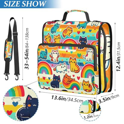 3 Ring Zipper Binder with Shoulder Strap, 600 Sheets Capacity, Cute Rainbow Cats 1.5 Inch Zipper Binder 3 Ring with Multiple Pockets & Expanding File Folder